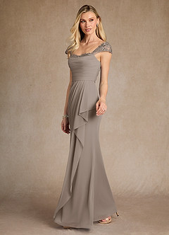 Azazie Belfast Mother of the Bride Dresses Taupe Sheath Lace Mesh Dress image3