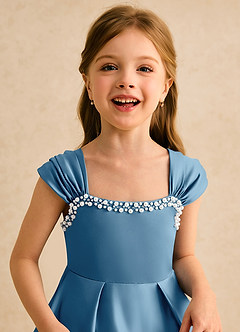 Azazie Yosemite Jurken voor bloemenmeisjes Baljurk Jurk van Mat Satijn Sweetheart Halslijn Staal Blauw image7