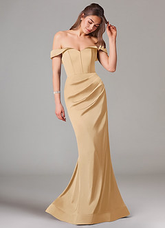 Azazie Everly Vestidos de damas de honor Vestido de Oro de Satén Elástico de Corte Sirena Convertible con Vestidos sin tirantes image6
