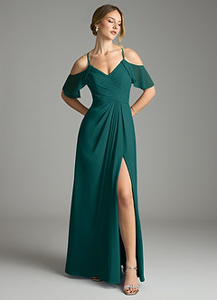 Azazie Dakota Bridesmaid Dresses Peacock A-Line V-Neck Pleated Chiffon Dress image1