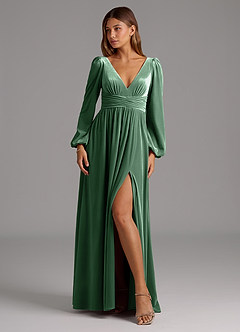 Azazie Norah Bridesmaid Dresses Eucalyptus A-Line Long Sleeve Velvet Dress image1