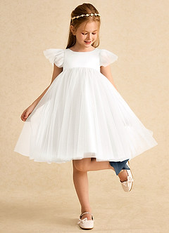 Azazie Munchkin Flower Girl Dresses Ivory Neptune A-Line Bow Tulle Dress image3