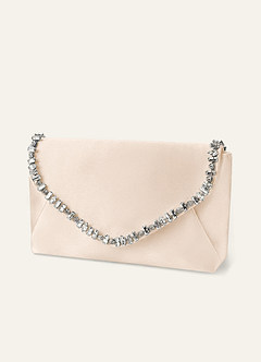 front Matching Color Crystal Trim Satin Evening Clutch Bag with Chain Strap