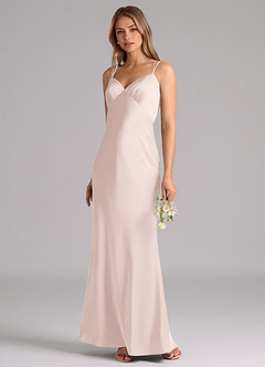 Azazie Suttona Bridesmaid Dresses Blushing Pink A-Line Pleated Stretch Satin Dress image4