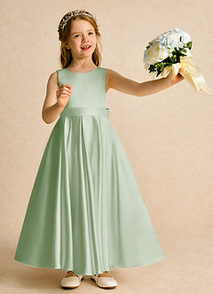 Azazie Cherry Flower Girl Dresses Dusty Sage Dusty Sage Ball-Gown Pleated Matte Satin Dress image2