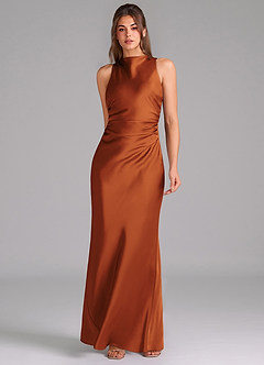 Azazie Evadne Bridesmaid Dresses Cinnamon Sheath Pleated Stretch Satin Dress image3