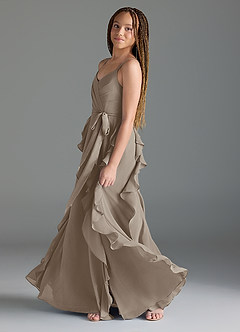 Azazie Peyton Junior Taupe A-Line V-Neck Cascading Ruffles Chiffon Dress image4