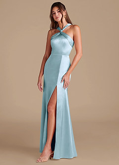 Azazie Rue Bridesmaid Dresses Sky Blue Sheath Pleated Metallic Satin Dress image5