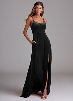 Azazie Moira Bridesmaid Dresses Black A-Line with Pockets Velvet Dress image1