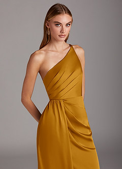 Azazie Mika Bridesmaid Dresses Butterscotch Sheath One Shoulder Stretch Satin Dress image7