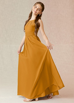 Azazie Bibiane Junior Vestido Caramelo de Chiffon de Linha A com Plissado image3