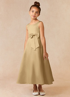 Azazie Lindy Flower Girl Dresses Gold A-Line Pleated Matte Satin Dress image3