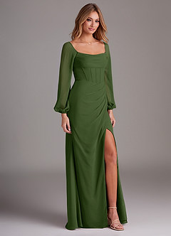 Azazie Charissa Bridesmaid Dresses Olive Sheath Long Sleeve Chiffon Dress image5