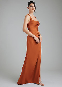 Azazie Sierra Bridesmaid Dresses Cinnamon A-Line Corset Stretch Satin Dress image3