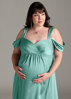 Azazie Rhea vestidos de dama de honor de maternidad Vestido de Corte En A Off The Shoulder Plisado Hasta el suelo Satén Elástico image12