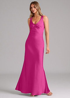 Azazie Kamila Bridesmaid Dresses Fuchsia A-Line Pleated Stretch Satin Dress image3