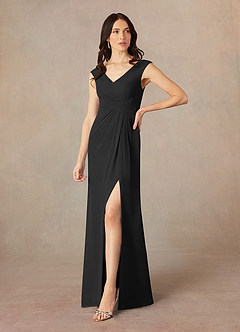 Azazie Sally At-home Try On Dresses Black A-Line V-Neck Pleated Chiffon Dress image2