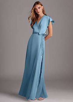 Azazie Nico Bridesmaid Dresses Steel Blue A-Line V-Neck Stretch Satin Dress image4