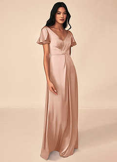 Azazie Soren Bridesmaid Dresses Rose Gold A-Line Pleated Stretch Satin Dress image4