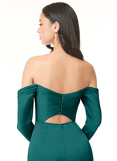 Azazie Hallie Bridesmaid Dresses Peacock Sheath Off-The-Shoulder Long Sleeve Stretch Satin Convertible Dress image8