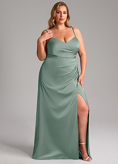 Azazie Azuree Essayer des robes à la maison Robe Trapèze en Satin extensible Plissée Eucalyptus image13