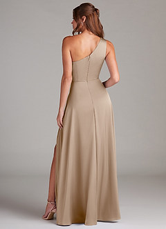 Azazie Brooke Bridesmaid Dresses Taupe A-Line One Shoulder Stretch Satin Dress image7