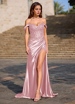 Deliacor Zartrosa Off-Shoulder Korsett Satin Schlitz Meerjungfrau Kleid image3