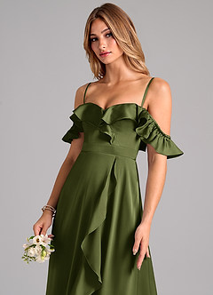 Azazie Lyra Bridesmaid Dresses Olive A-Line Off the Shoulder Stretch Satin Convertible Dress image7