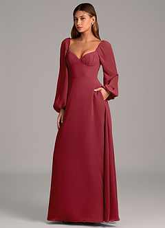 Azazie Annistyn Bridesmaid Dresses Pomegranate A-Line Long Sleeve Chiffon Dress image1