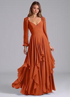 Azazie Karan Bridesmaid Dresses Burnt Orange A-Line Long Sleeve Chiffon Dress image1