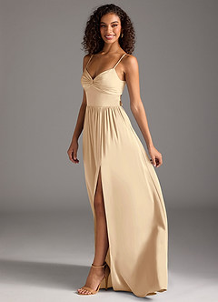 Azazie Zeya Bridesmaid Dresses Champagne A-Line Pleated Stretch Satin Dress image7
