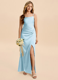 Azazie Minnie Junior Sky Blue A-Line Ruched Stretch Satin Dress image1
