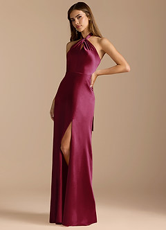 Azazie Tracie Bridesmaid Dresses Burgundy A-Line Pleated Metallic Satin Dress image4