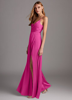 Azazie Calissa Brautjungfernkleider A-Linie V-Hals Gefaltet Stretch-Satin Kleid Fuchsia image4