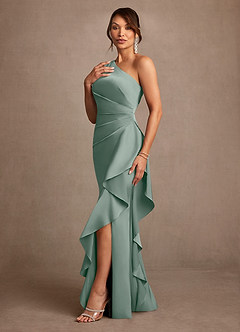 Azazie Yvette Mother of the Bride Dresses Silver Sage Sheath One Shoulder Stretch Satin Dress image4