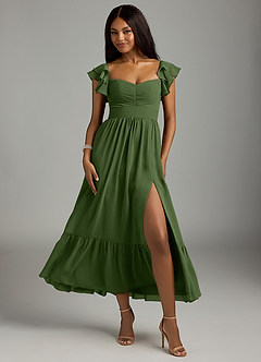 Azazie Anaya Bridesmaid Dresses Olive A-Line Pleated Chiffon Dress image1