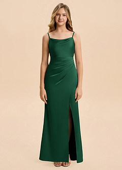 Azazie Christen Junior Dark Green A-Line Pleated Stretch Satin Dress image4