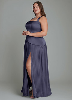 Azazie Stephanie Robes de demoiselle d'honneur Robe Trapèze en Satin extensible Plissé Bleu Orageux image10