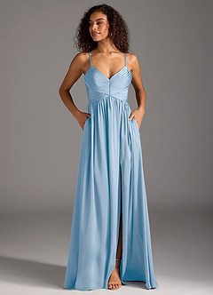 Azazie Alia Robes de demoiselle d'honneur Robe Trapèze en Satin extensible Plissé Poudre Bleue image7