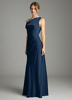 Azazie Emerson Brudtärnklänningar Klä av Sjöjungfru i Stretch Satin Av axeln Mörk Marinblå image4