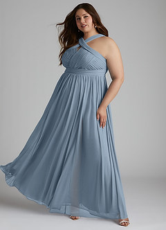 Azazie Hillian At-home Try On Dresses Agave A-Line Halter Pleated Mesh Dress image11