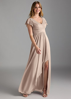 Azazie Omari Final Sale Taupe A-Line Mesh Dress image2