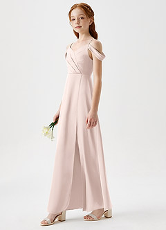Azazie Ocean Junior Blushing Pink A-Line Off the Shoulder Stretch Satin Dress image3