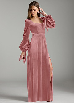 Azazie Leonia Bridesmaid Dresses Dusty Rose A-Line Long Sleeve Velvet Dress image4