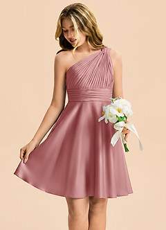 Azazie Charlize Junior Vestido Rosa Polvorienta de Satén Elástico de Corte en A con Plisado image6
