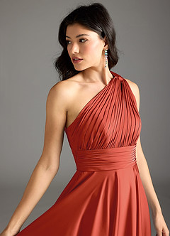 Azazie Charlize Bridesmaid Dresses Rust A-Line One Shoulder Stretch Satin Dress image7