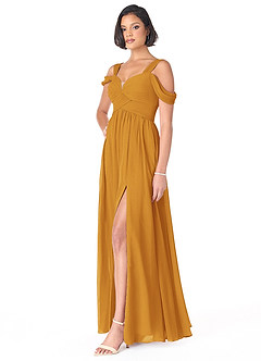 Azazie Lianne Bridesmaid Dresses Butterscotch A-Line Off the Shoulder Chiffon Dress image3