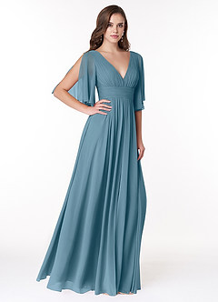 Azazie Temeka Brautjungfernkleider A-Linie Gestreift Chiffon Kleid Bermudablau image4