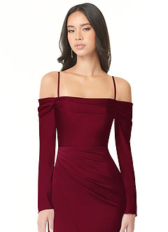 Azazie Hallie Bridesmaid Dresses Burgundy Sheath Off-The-Shoulder Long Sleeve Stretch Satin Convertible Dress image2