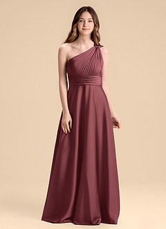 Azazie Charlize Junior Merlot A-Line Pleated Stretch Satin Dress image1